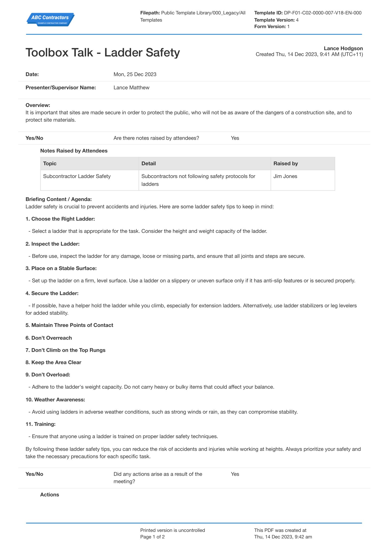 Osha Ladder Safety Toolbox Talk Template: Use The Free Template throughout Free Printable Osha Toolbox Talks