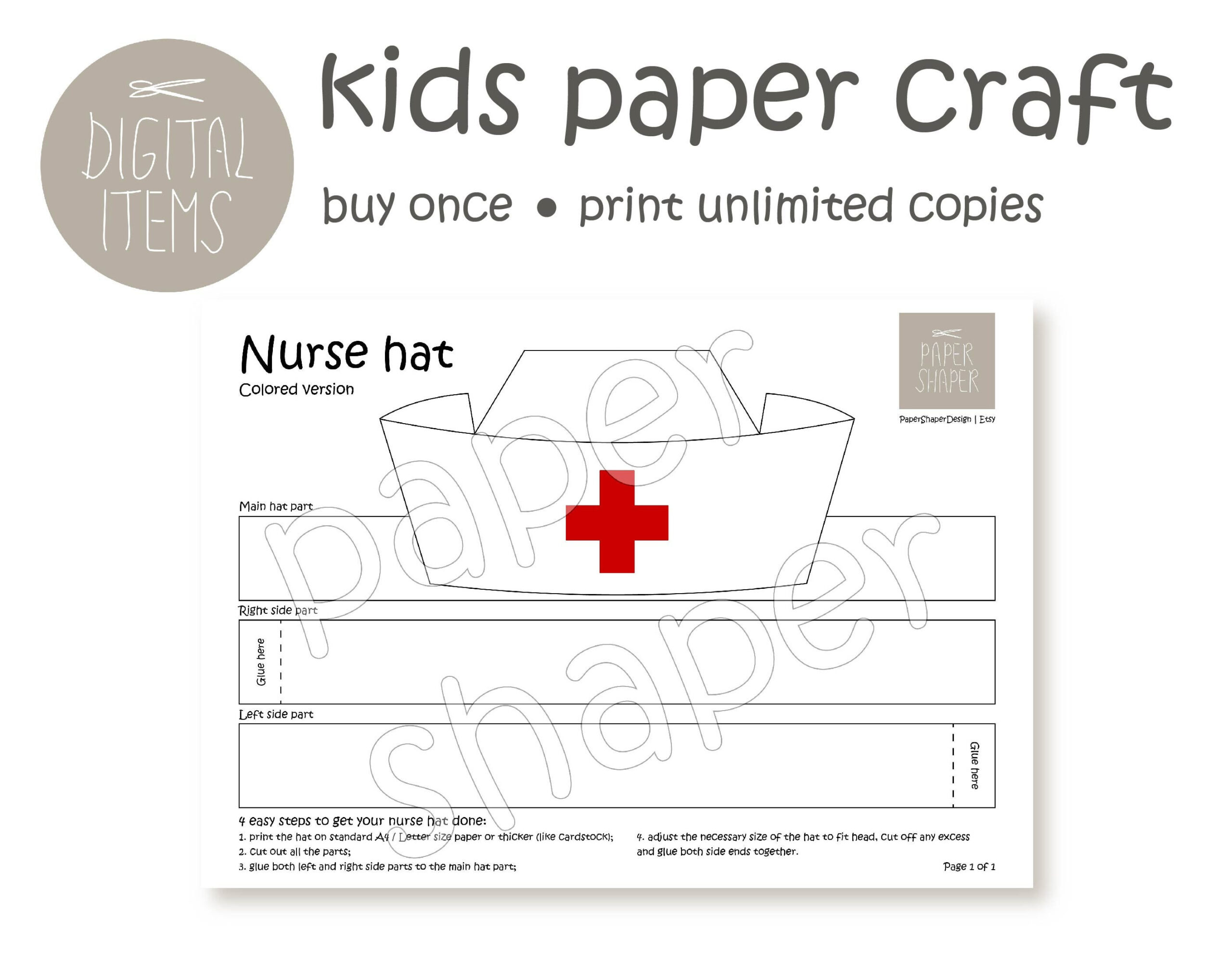 Printable Colored Nurse Paper Hat Kids Party Craft Doctor Costume within Free Printable Nurses Cap Pattern