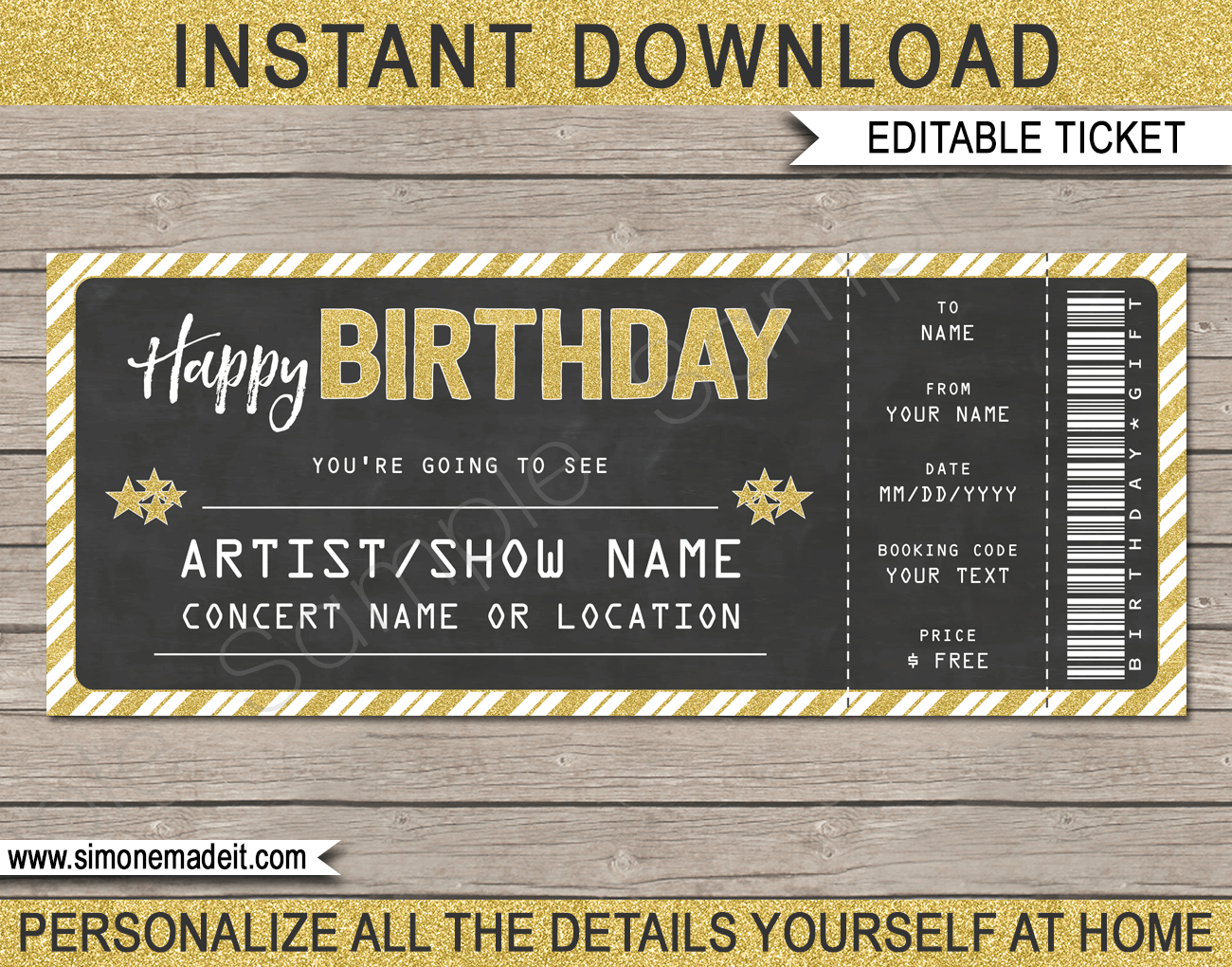 Printable Concert Ticket Template | Birthday Gift Voucher for Free Concert Ticket Printable