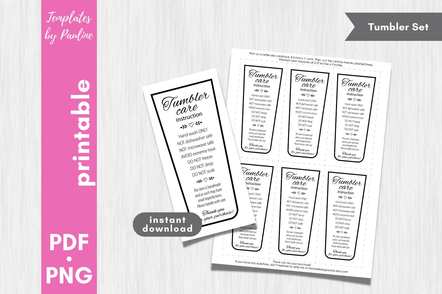 Printable Sublimation Tumbler Care Card. Hand Wash Only Tag. in Free Printable Tumbler Care Cards