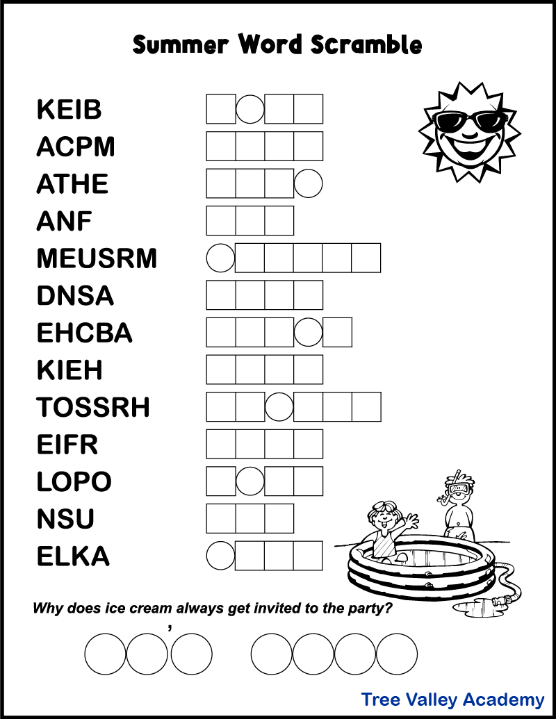 Printable Summer Word Scrambles For Kids - Tree Valley Academy throughout Free Printable Jumble Games