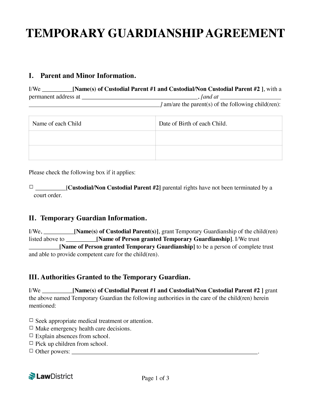 Printable Temporary Guardianship Form | Free Pdf &amp;amp; Word | Lawdistrict with Free Temporary Guardianship Template