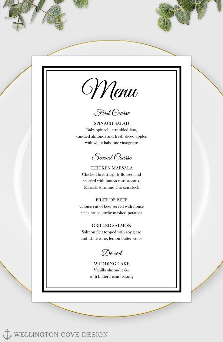 Printable Wedding Menu Template For Microsoft Word • Elegant Black in Wedding Menu Template Free Download