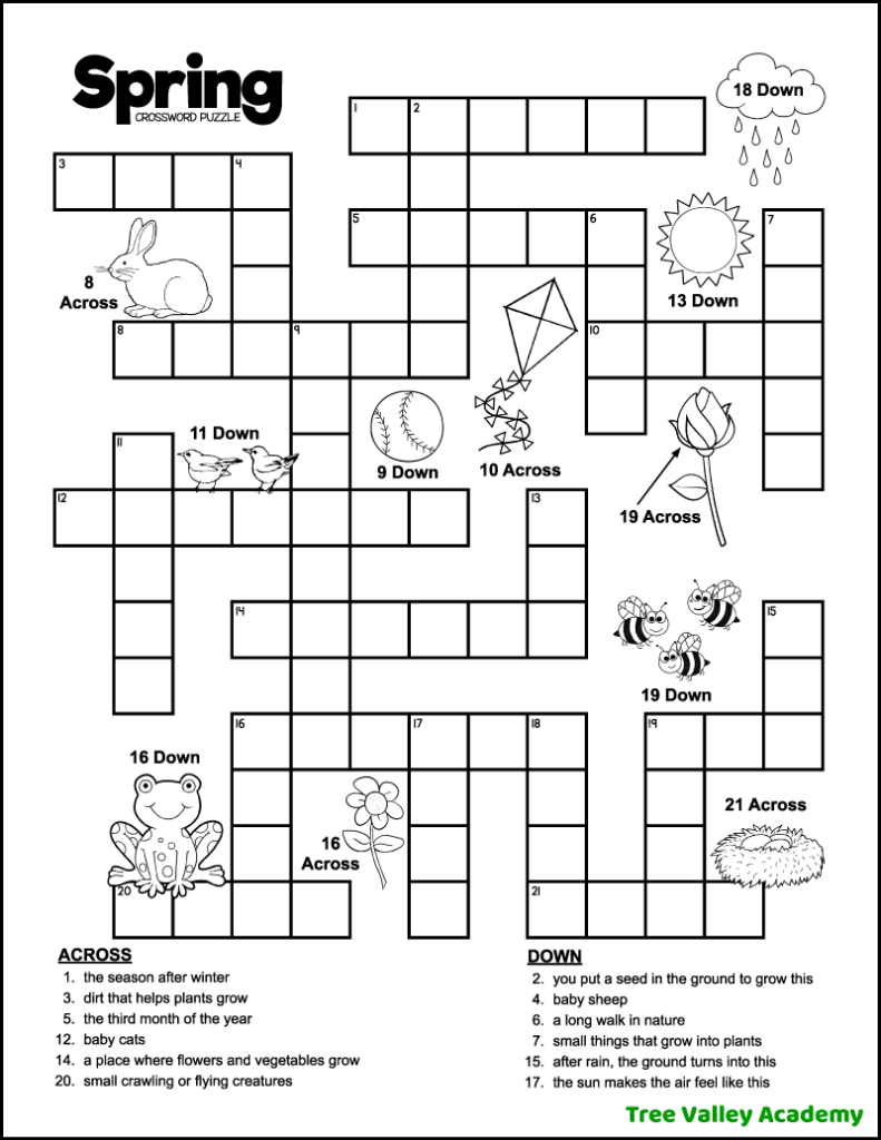 Spring Crossword Puzzles For Kids - Tree Valley Academy within Free Printable Crosswords For Beginners