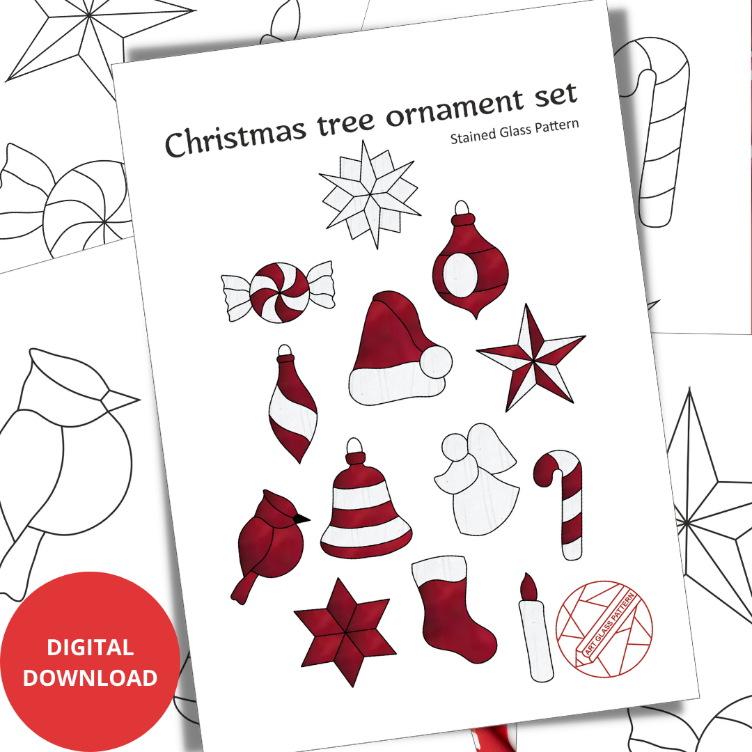 Stained Glass Patterns, Christmas Tree Decoration Set - Pdf in Free Printable Christmas Stained Glass Patterns