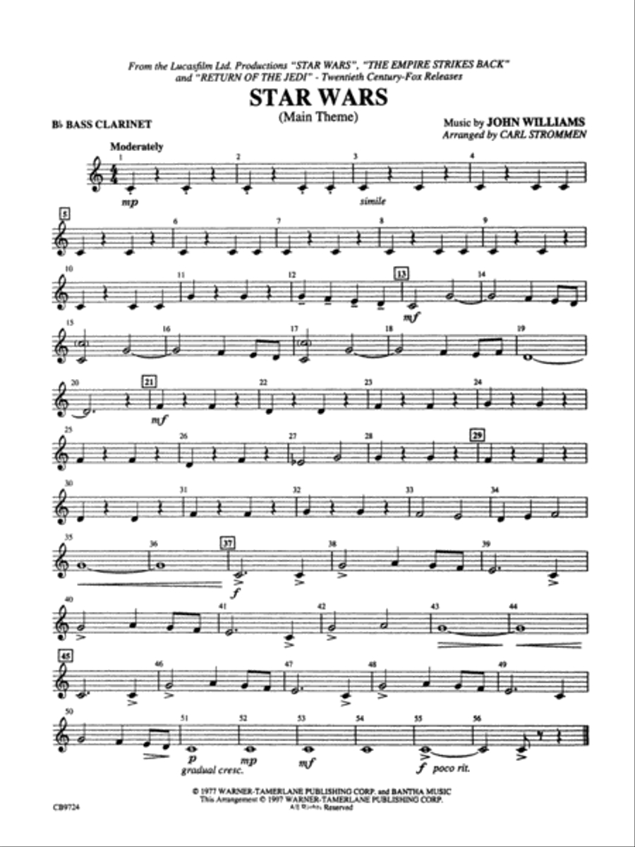 Star Wars Main Theme: B-Flat Bass Clarinet inside Free Printable Star Wars Sheet Music For Clarinet