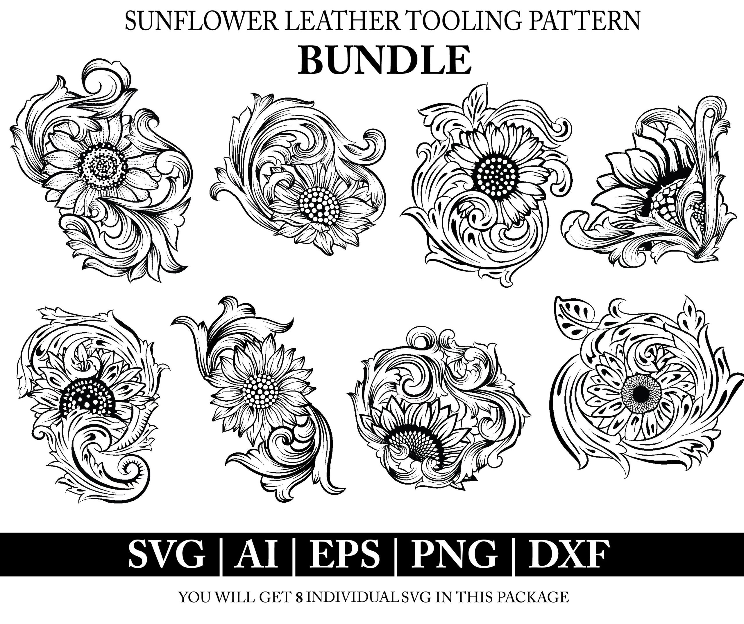 Sunflower Leather Tooling Svg Bundle: Western Flower Carving in Printable Sunflower Tooling Pattern