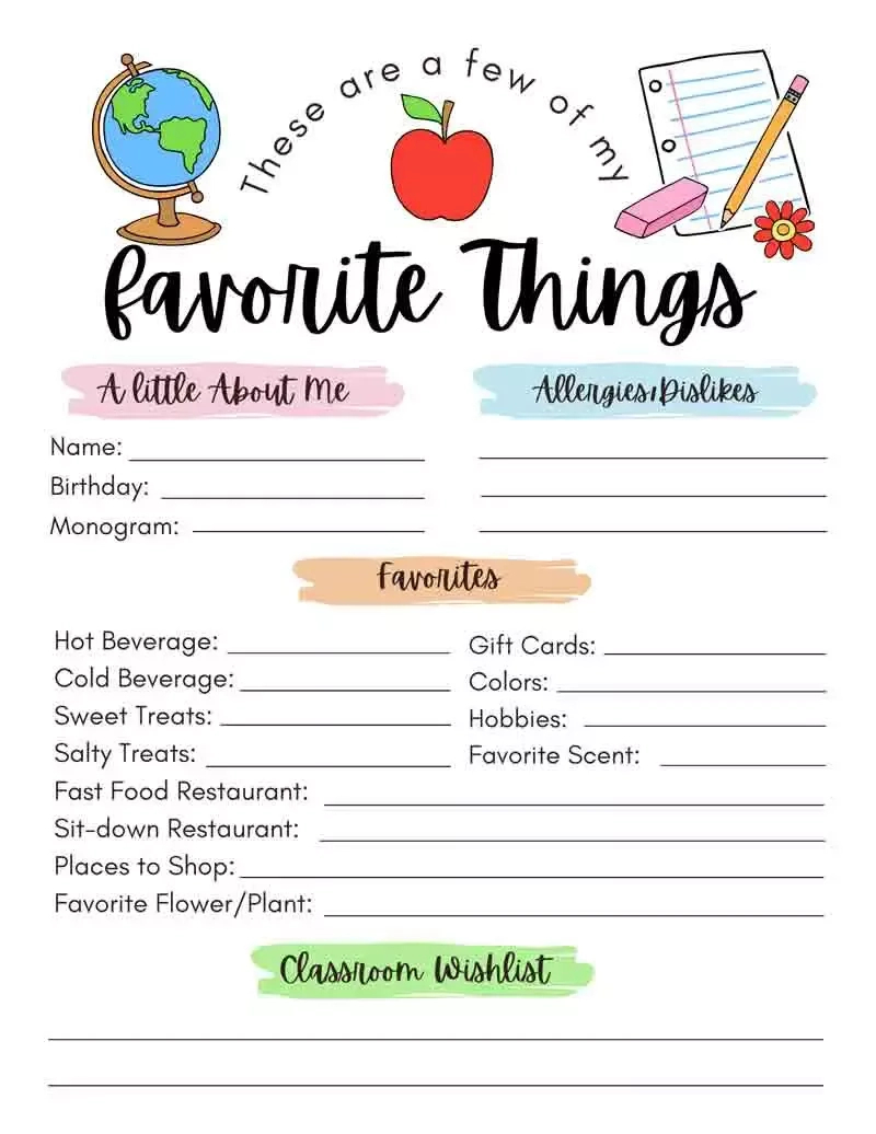 Teacher Favorite Things Form Printable - Printable Party Favors pertaining to Teacher Favorite Things Template Editable Free