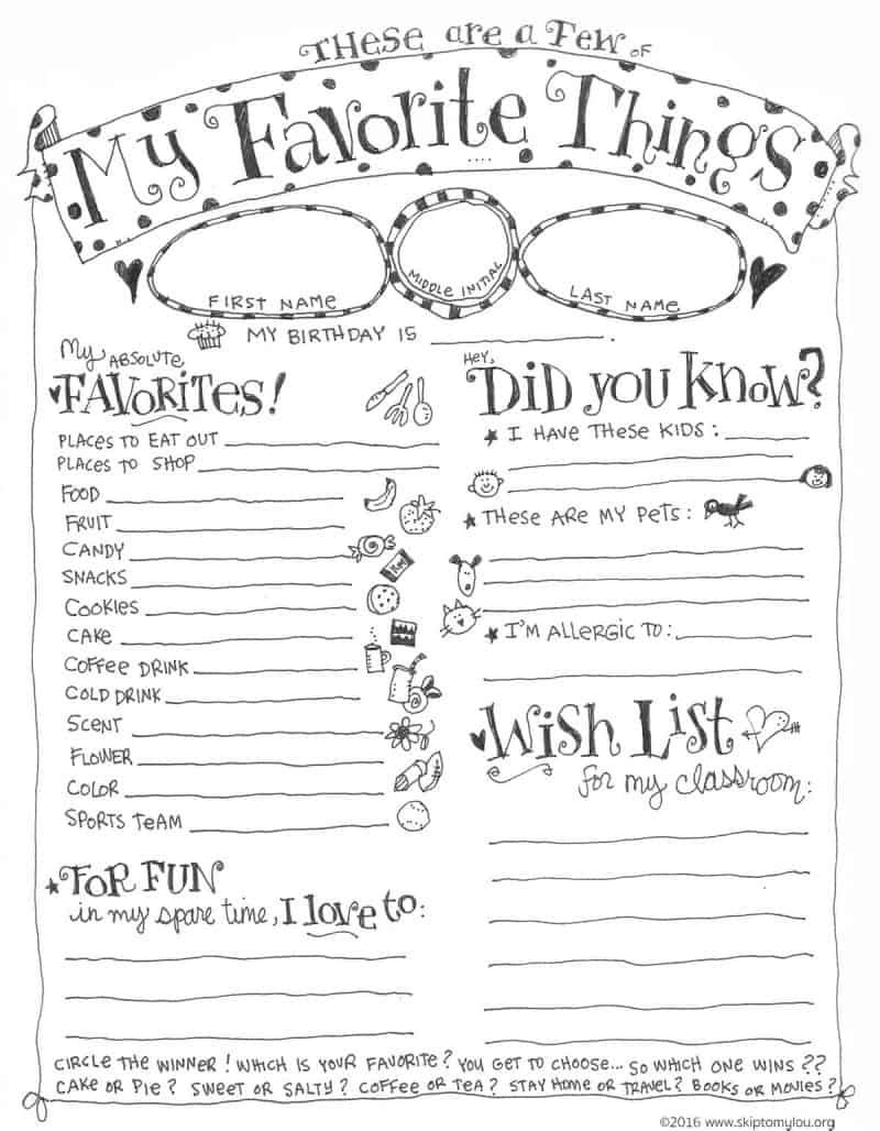 Teacher Favorite Things Questionnaire Printable | Skip To My Lou with Teacher Favorite Things Template Editable Free