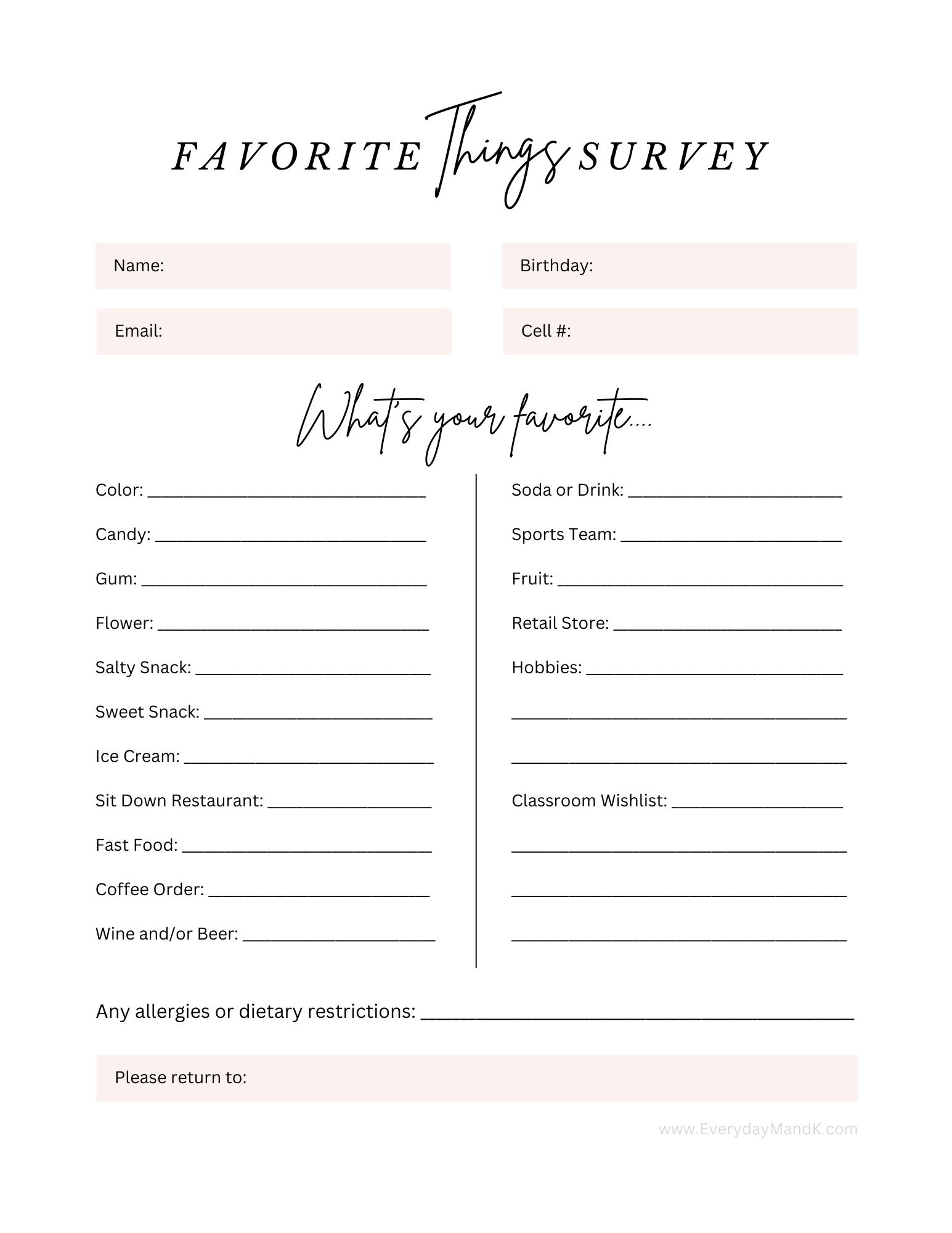 This Teacher &amp;#039;Favorite Things&amp;#039; Survey Is A Great Tool For Parents with Teacher Favorite Things Template Editable Free