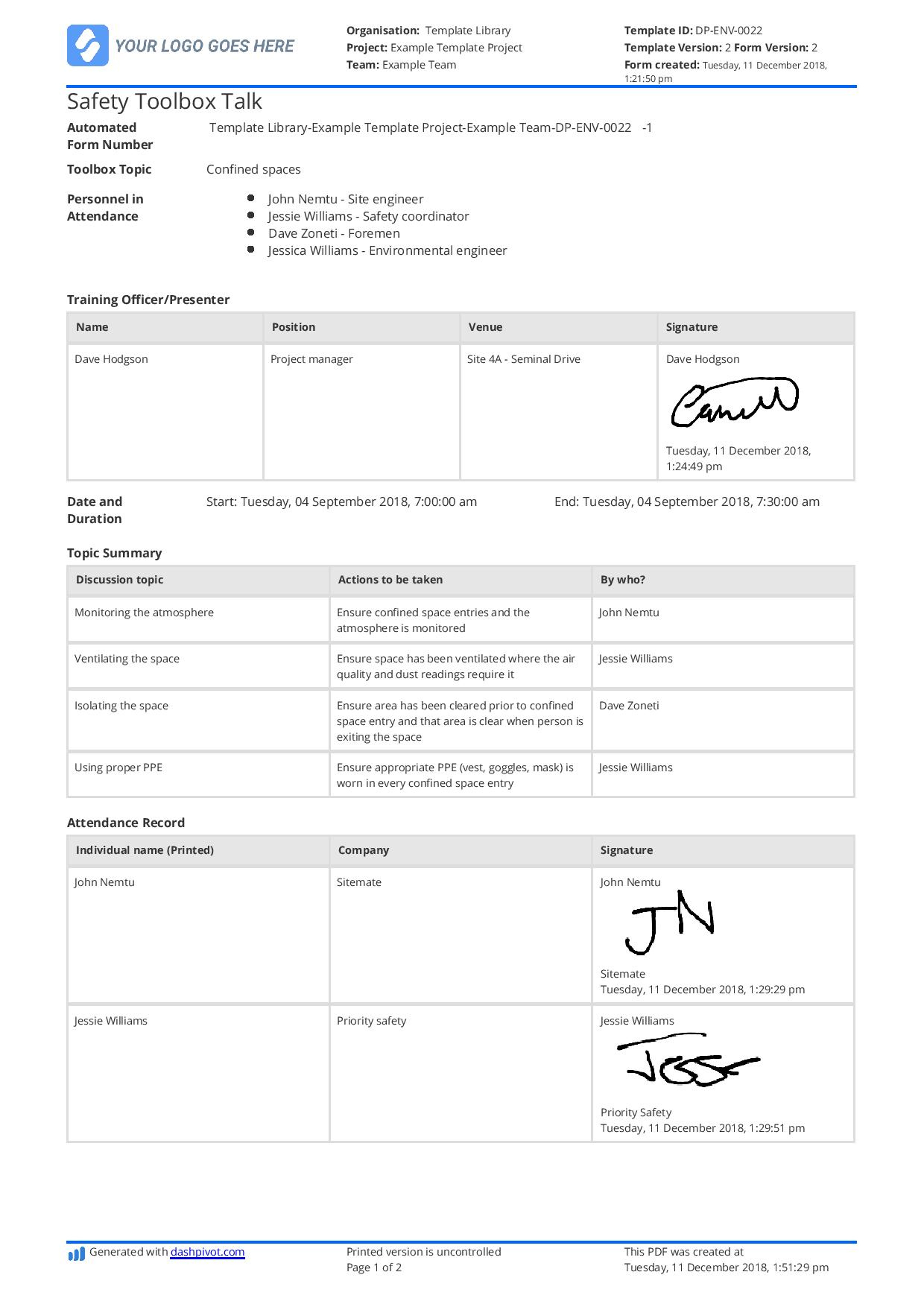 Toolbox Talk Template: Printable, Free Download As Pdf for Free Printable Osha Toolbox Talks