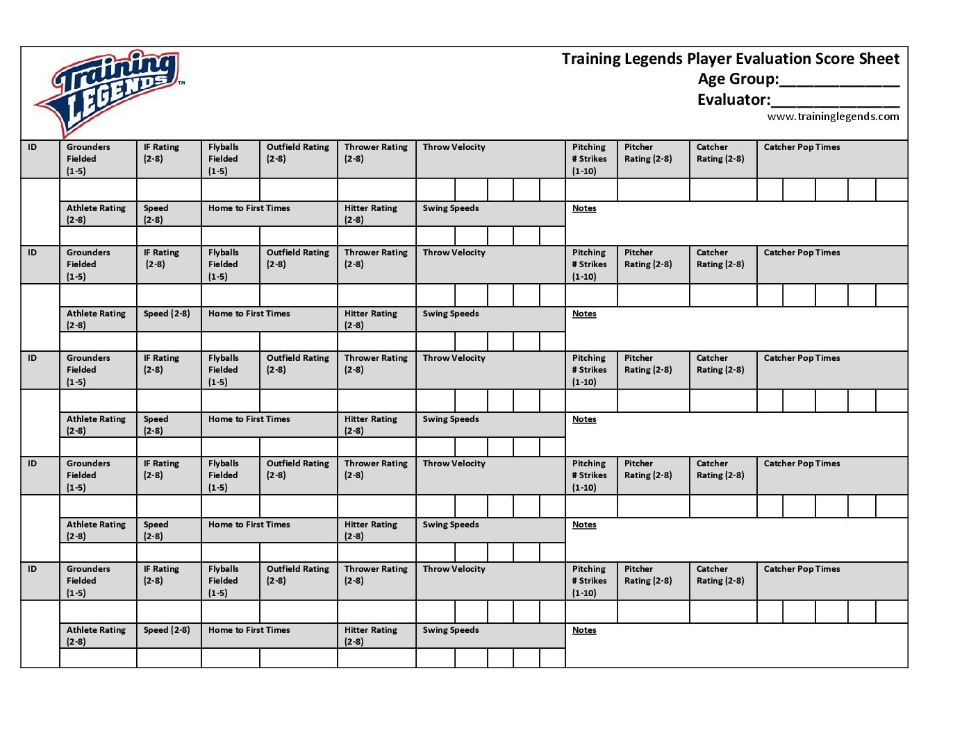 Training Legends Baseball Player Evaluation Score Sheet Template for Free Printable Baseball Tryout Evaluation Form
