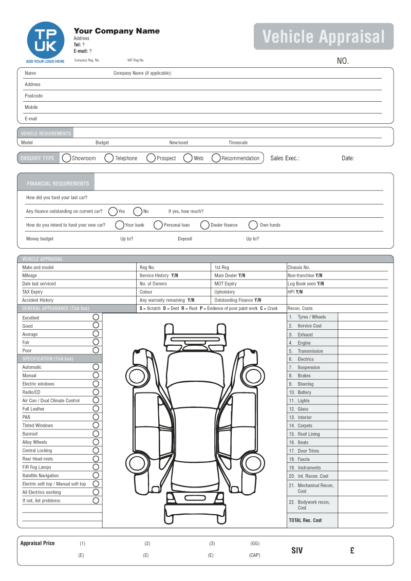 Used Car Vehicle Appraisal Template | Printed From £54 within Free Printable Vehicle Appraisal Form